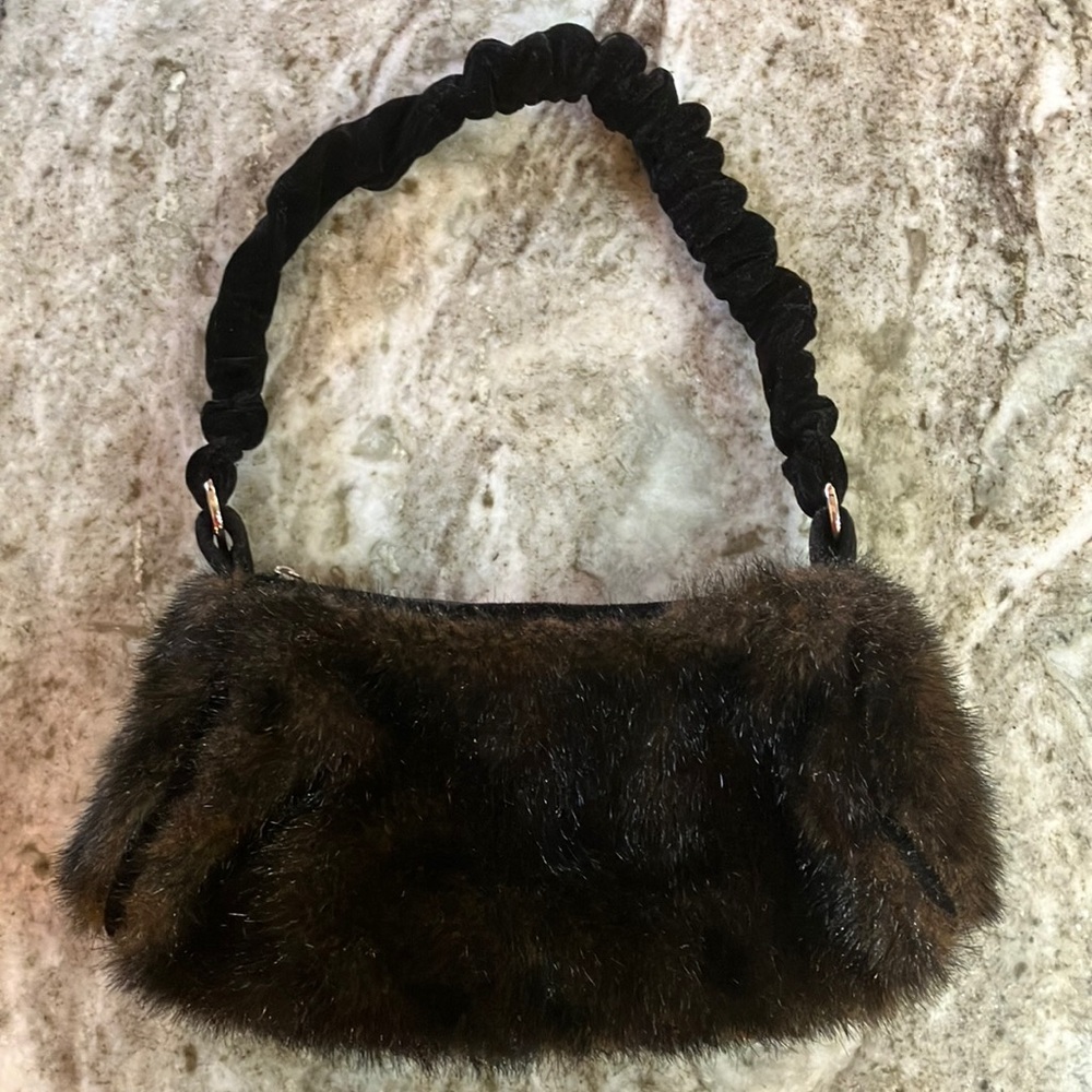 Plush Faux Fur Shoulder Bag in Dark Brown with Velvet Strap